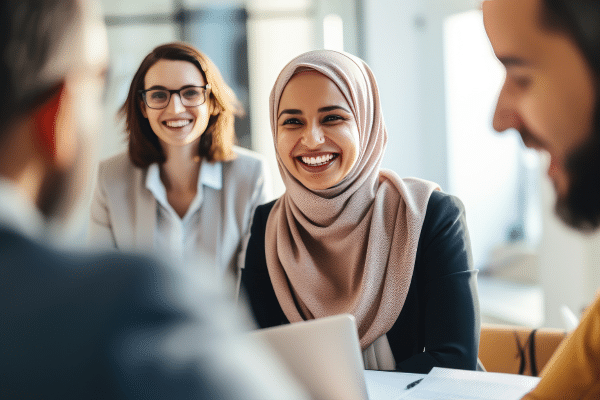 2 women smiling talking to two men