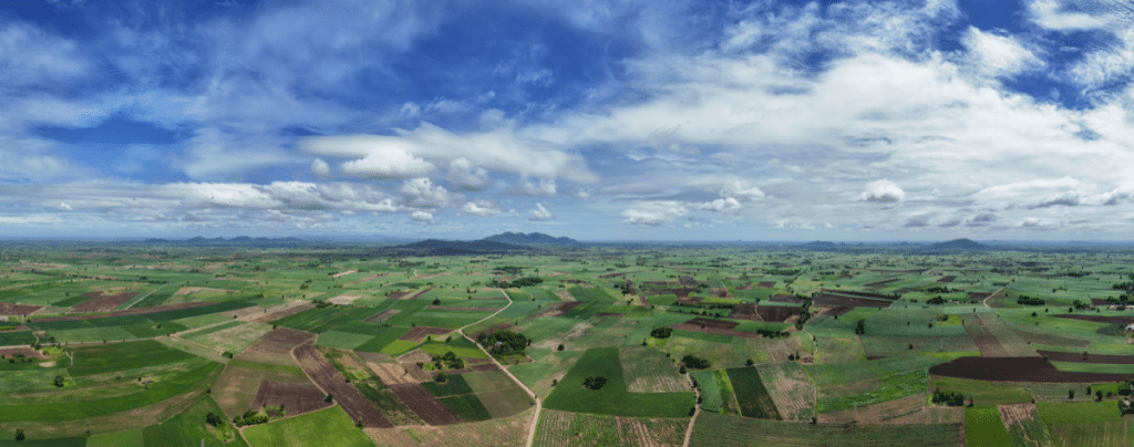 Aerial view of fields and farm land
