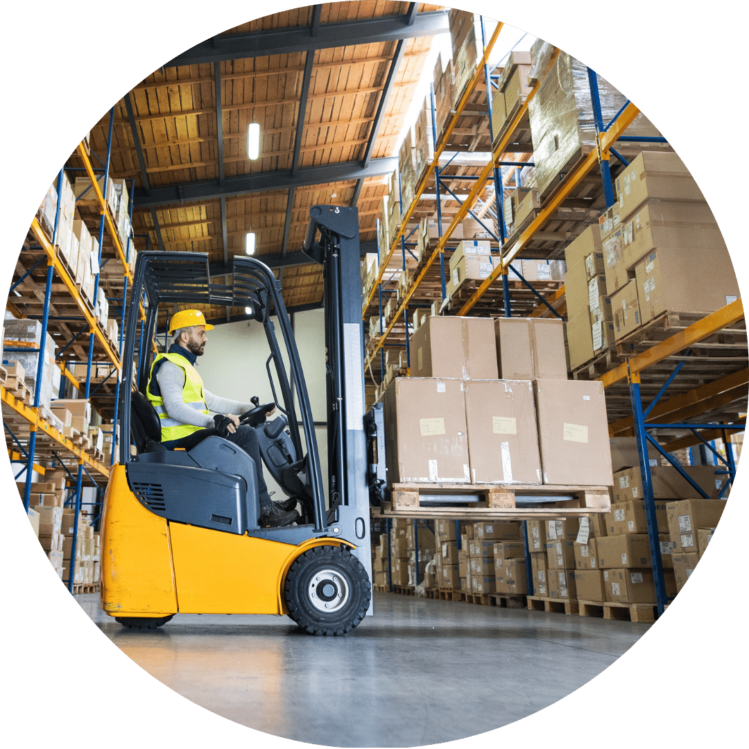 Warehouse man worker with forklift