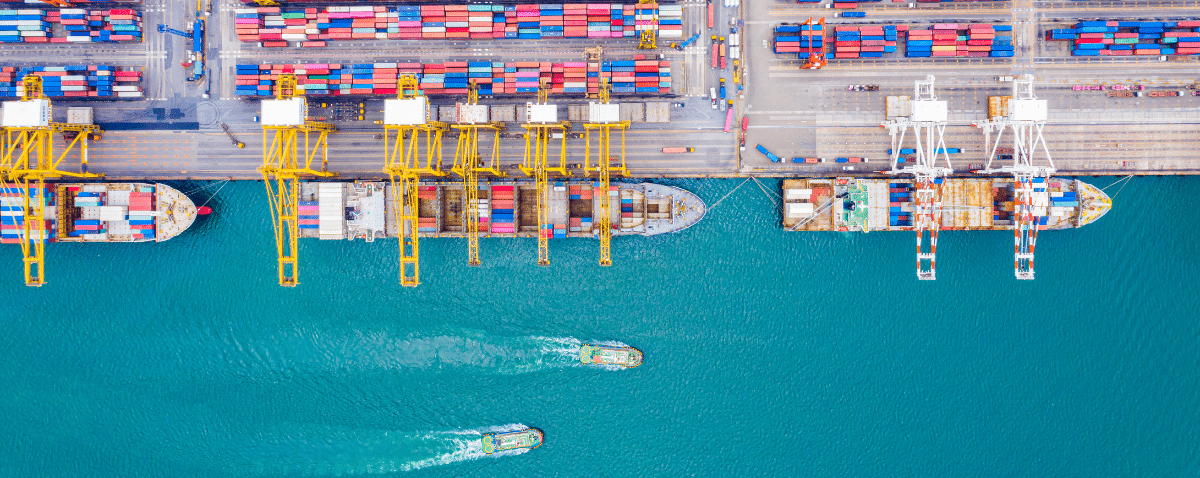 Container ships docked at a busy cargo port with shipping containers and loading cranes