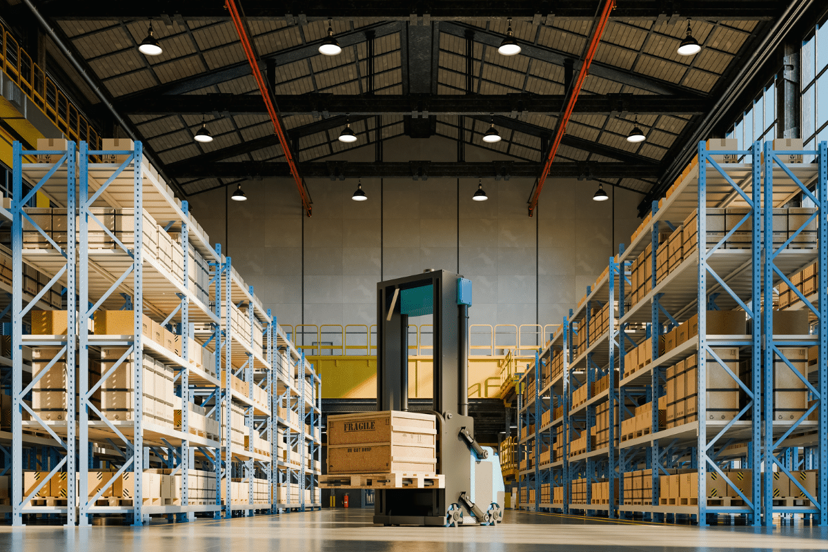 Warehouse with storage shelves and forklift